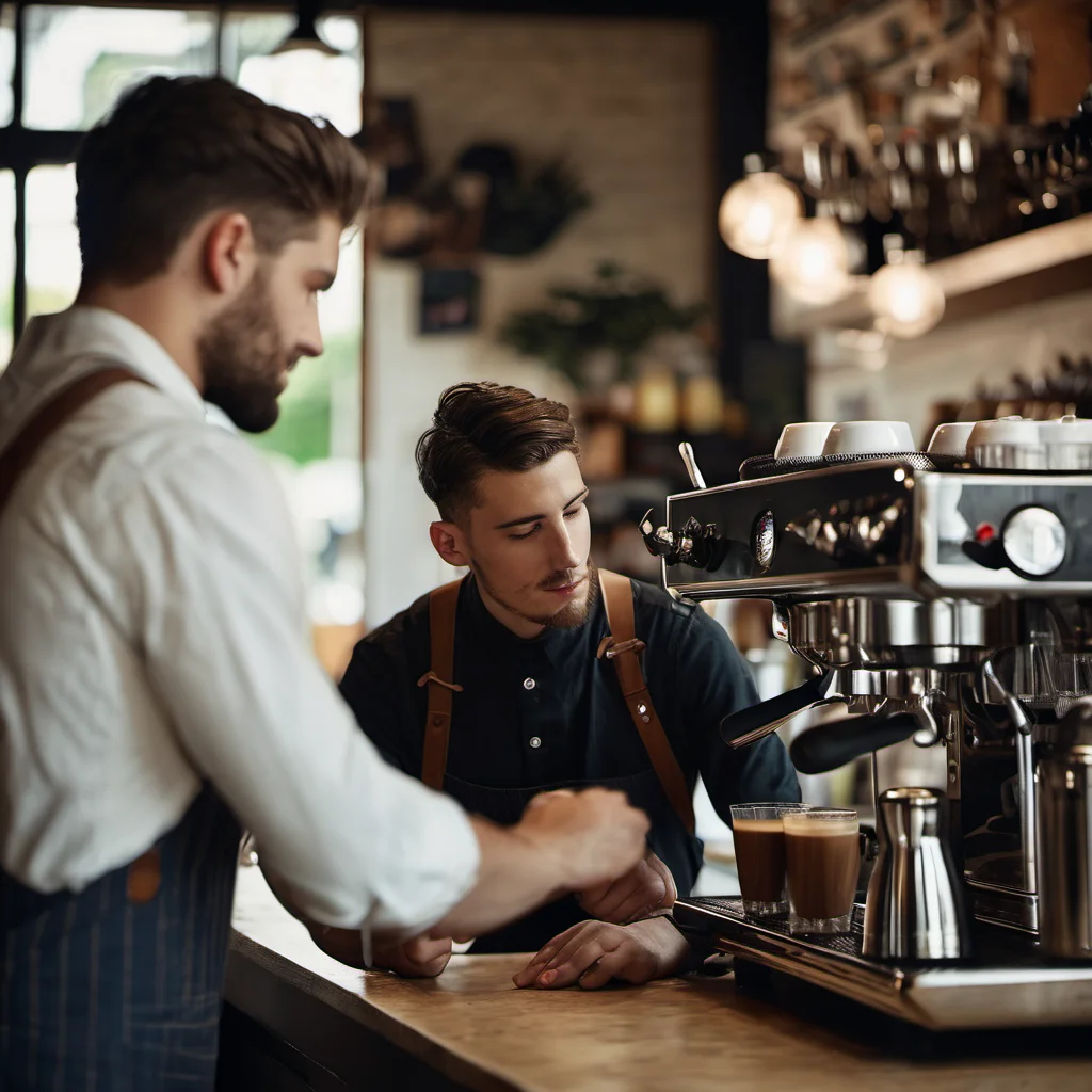 Preview of Young man barista signing to a (WebP q85)