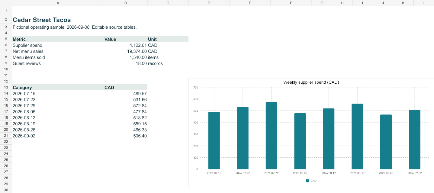 Rendered preview of Cedar Street Tacos: Editable operating workbook