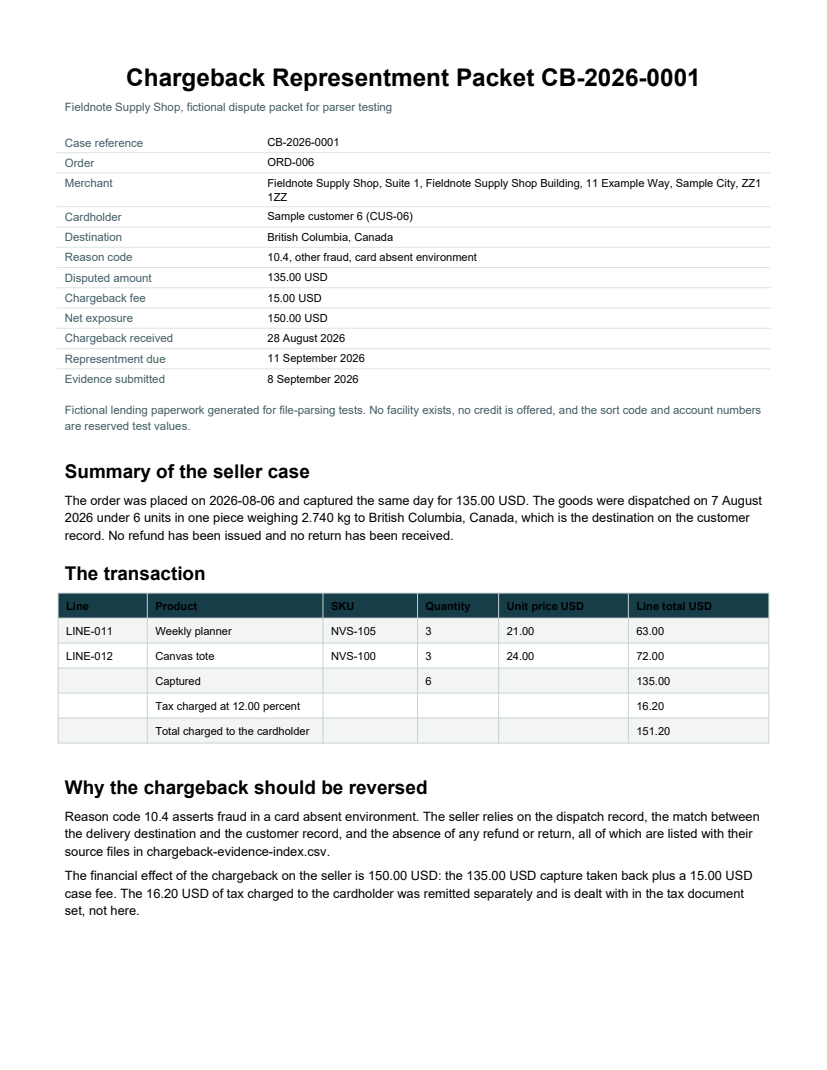 Rendered preview of Fieldnote Supply Shop: Chargeback representment packet