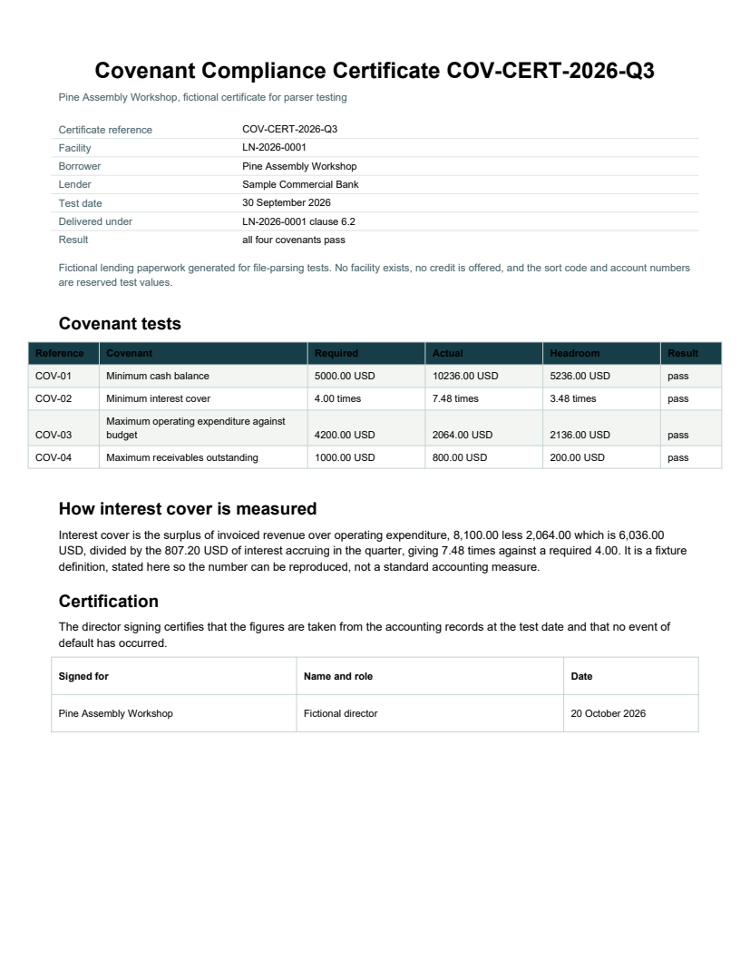 Rendered preview of Pine Assembly Workshop: Covenant compliance certificate