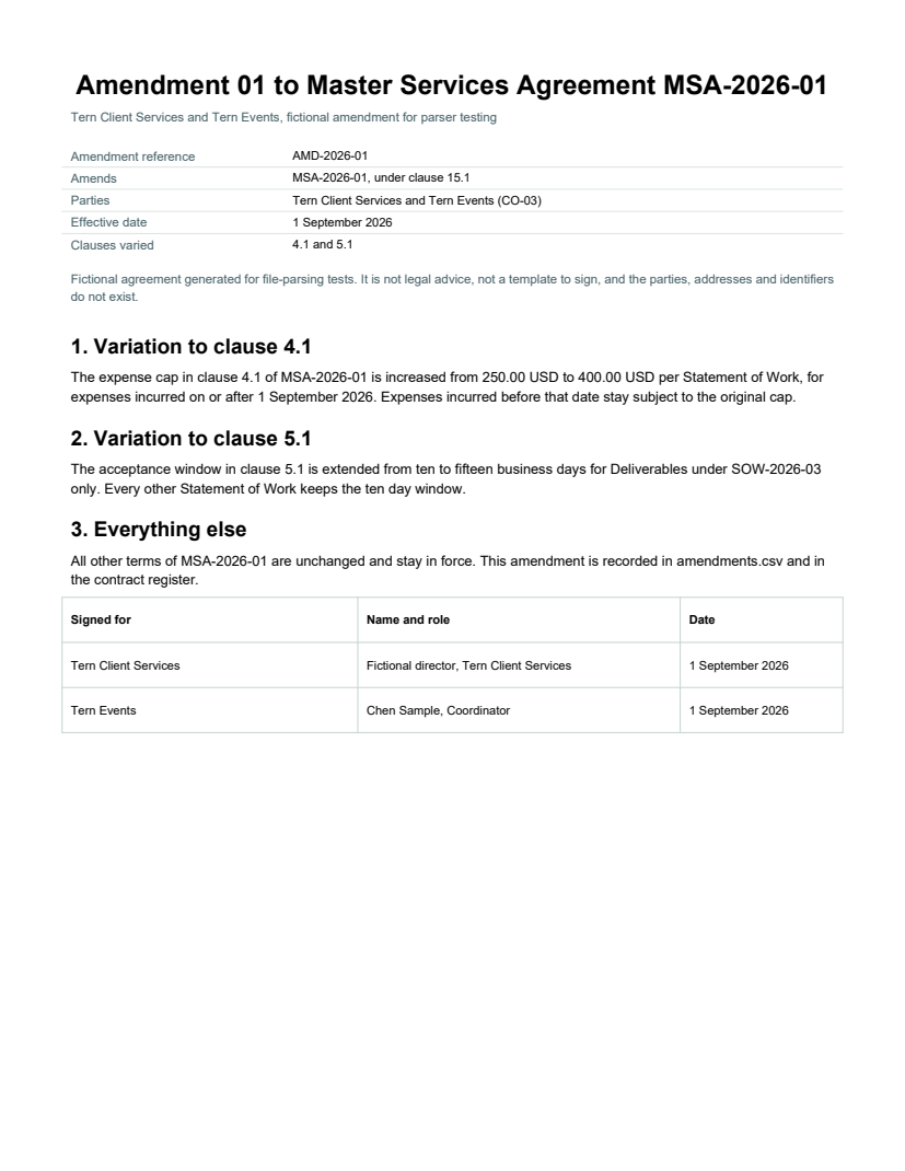Rendered preview of Tern Client Services: Amendment to the master services agreement (PDF)