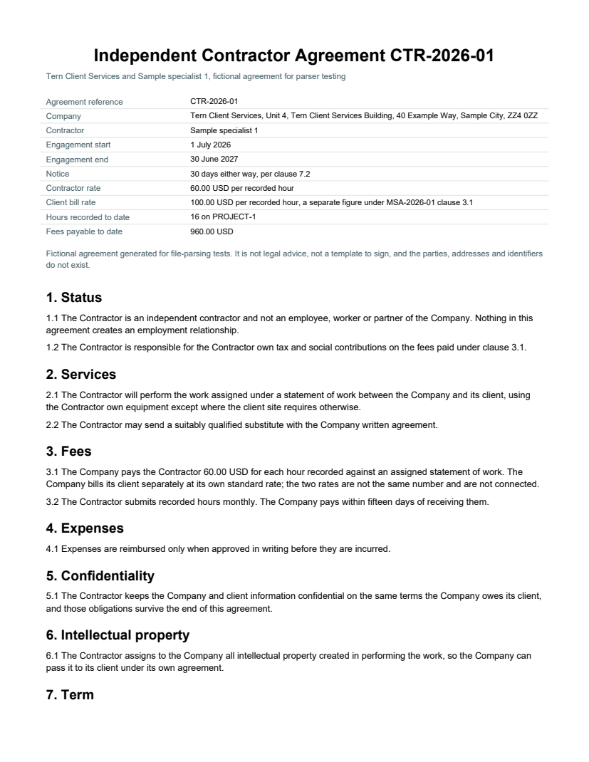 Rendered preview of Tern Client Services: Independent contractor agreement (PDF)