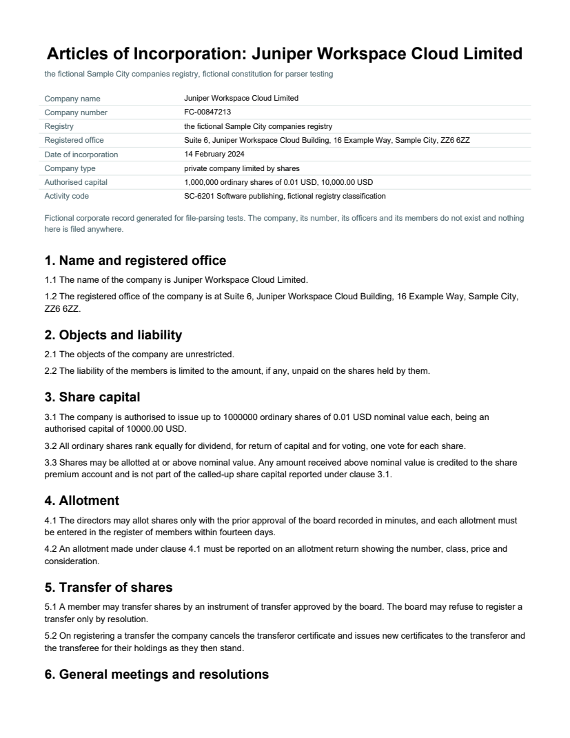 Rendered preview of Juniper Workspace Cloud: Articles of incorporation (PDF)