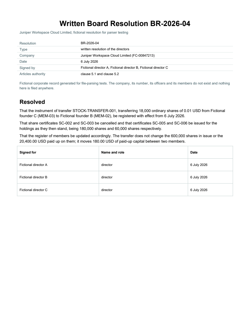 Rendered preview of Juniper Workspace Cloud: Written board resolution approving a share transfer