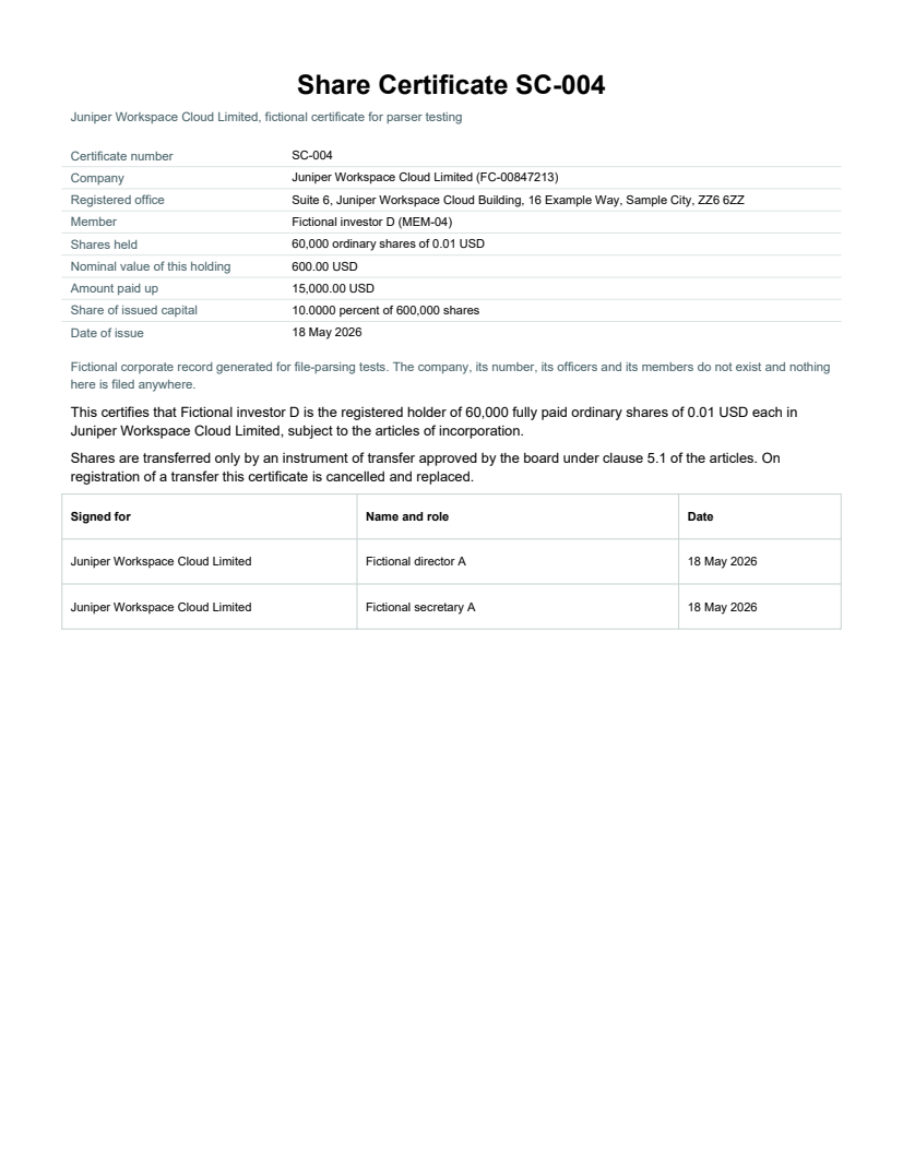 Rendered preview of Juniper Workspace Cloud: Share certificate SC-004 (PDF)