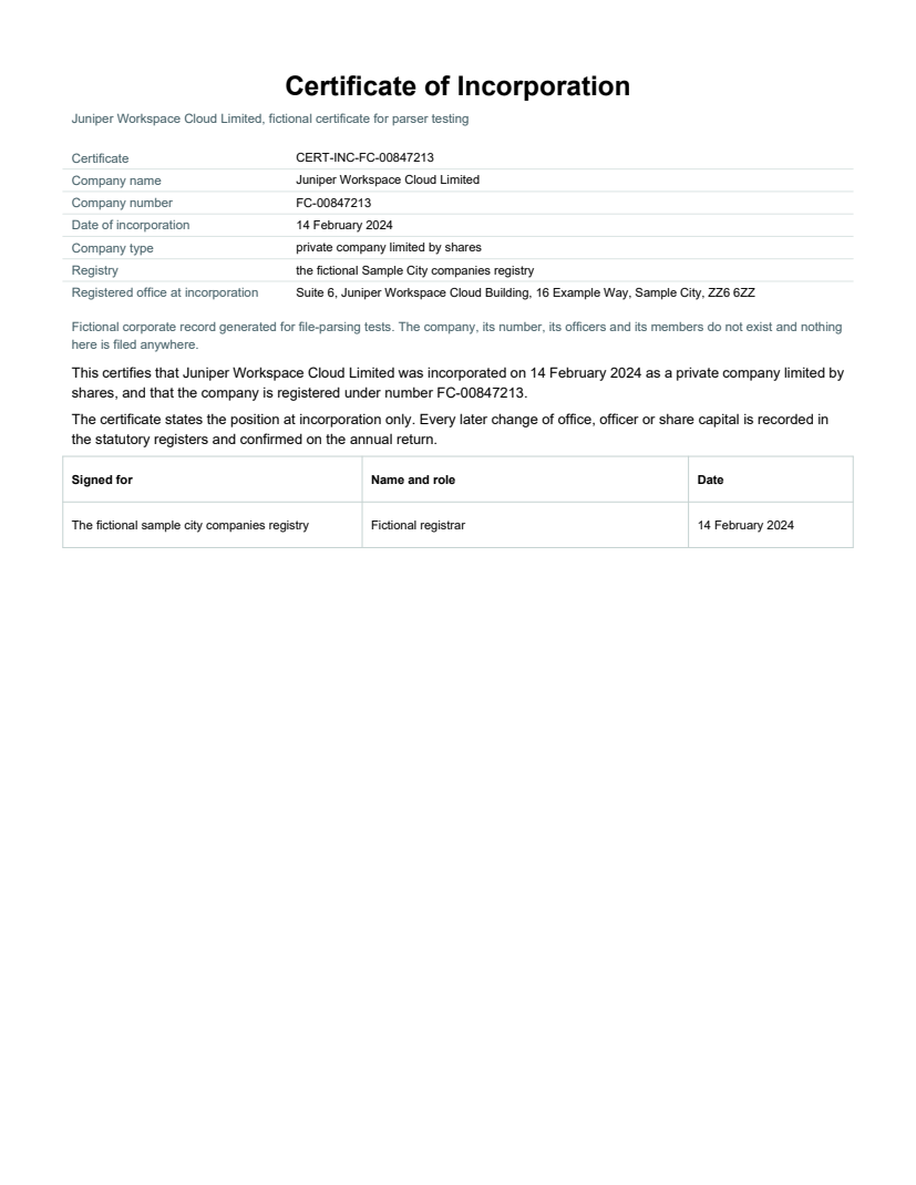 Rendered preview of Juniper Workspace Cloud: Certificate of incorporation