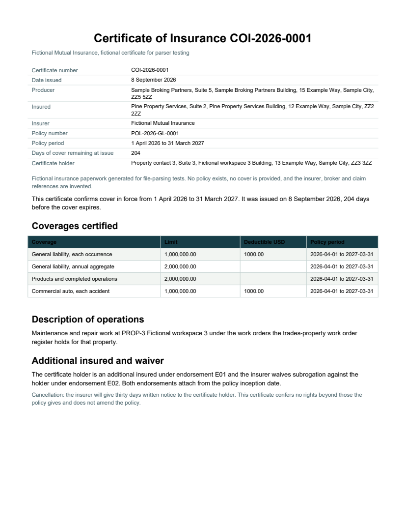 Rendered preview of Pine Property Services: Certificate of insurance (PDF)