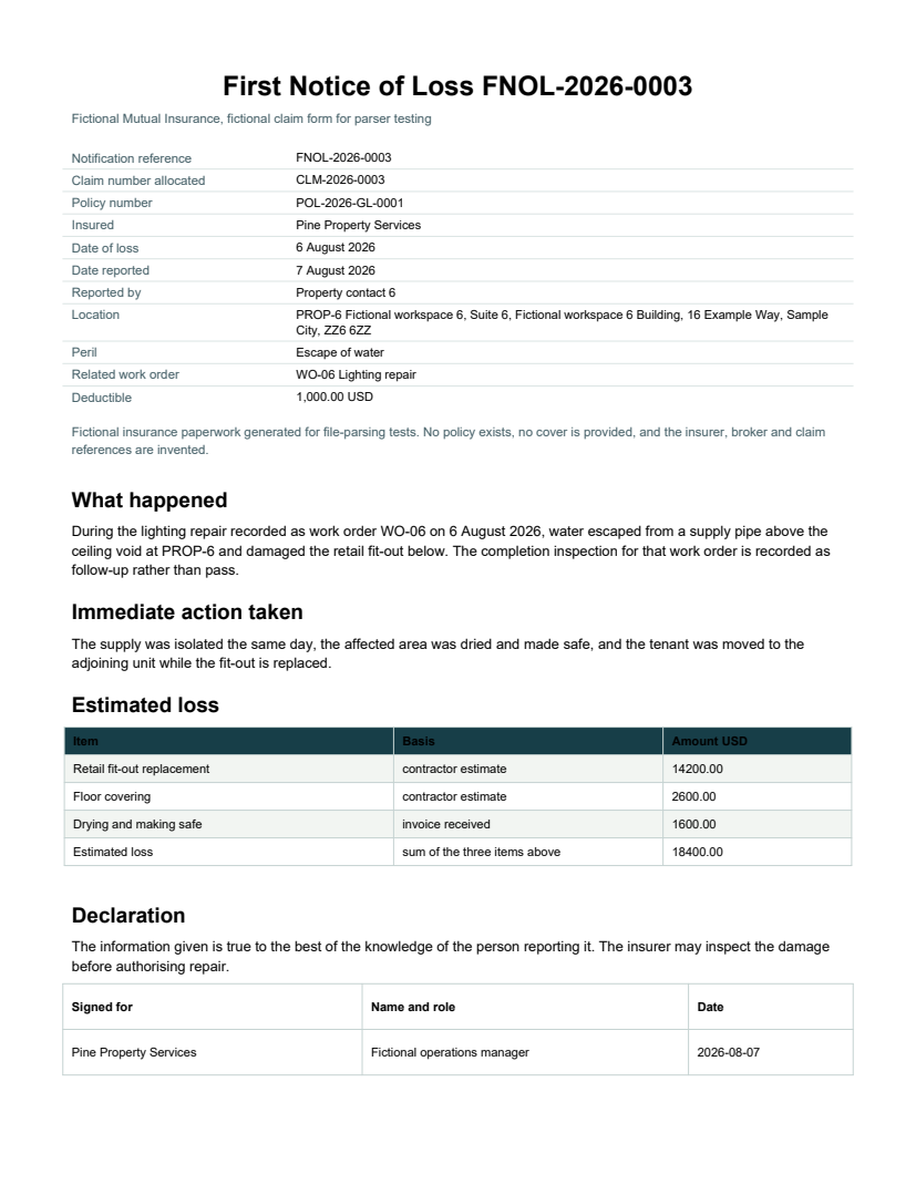 Rendered preview of Pine Property Services: First notice of loss claim form (PDF)