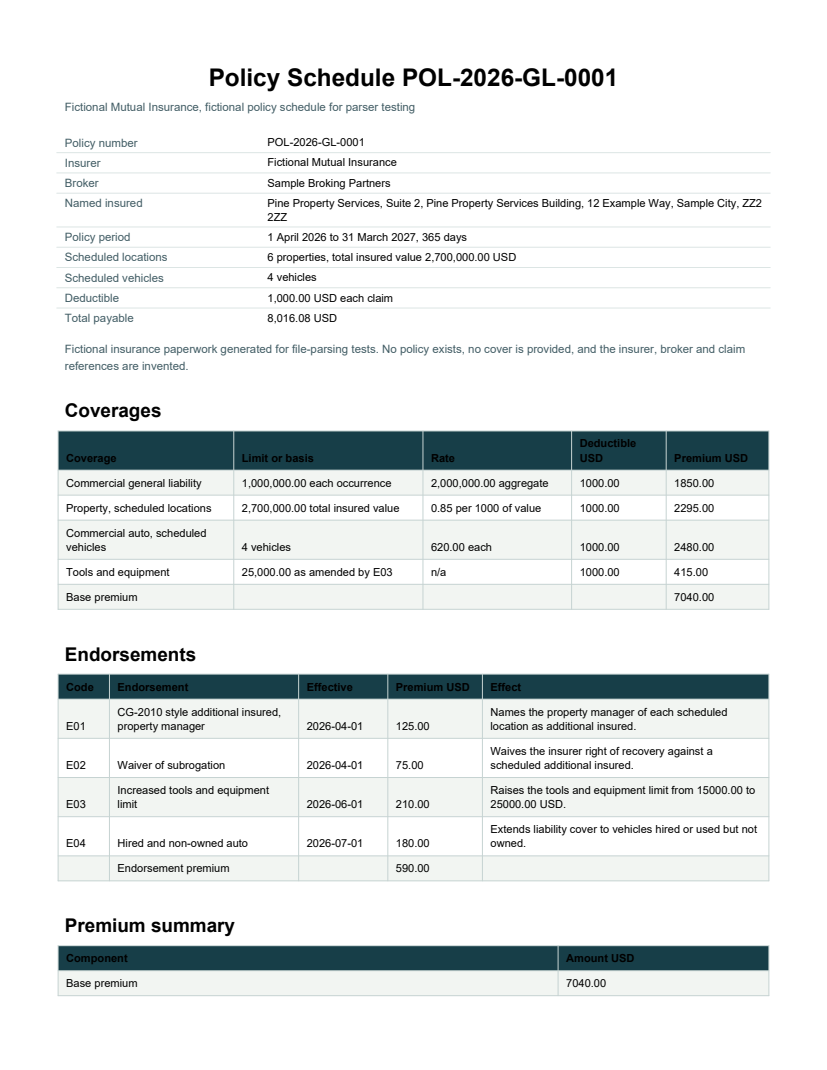 Rendered preview of Pine Property Services: Policy schedule with endorsements (PDF)
