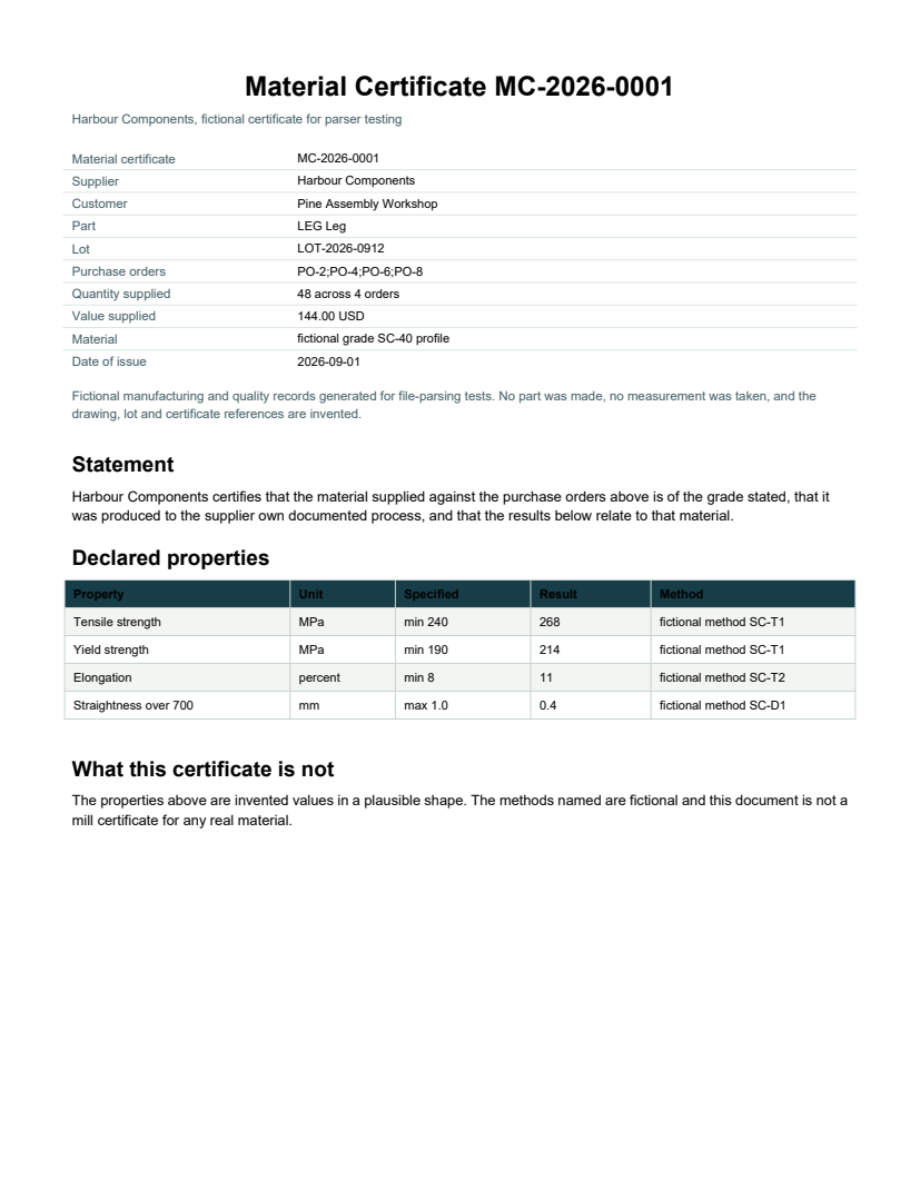 Rendered preview of Harbour Components: Material certificate