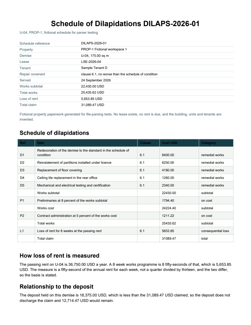 Rendered preview of Pine Property Services: Schedule of dilapidations