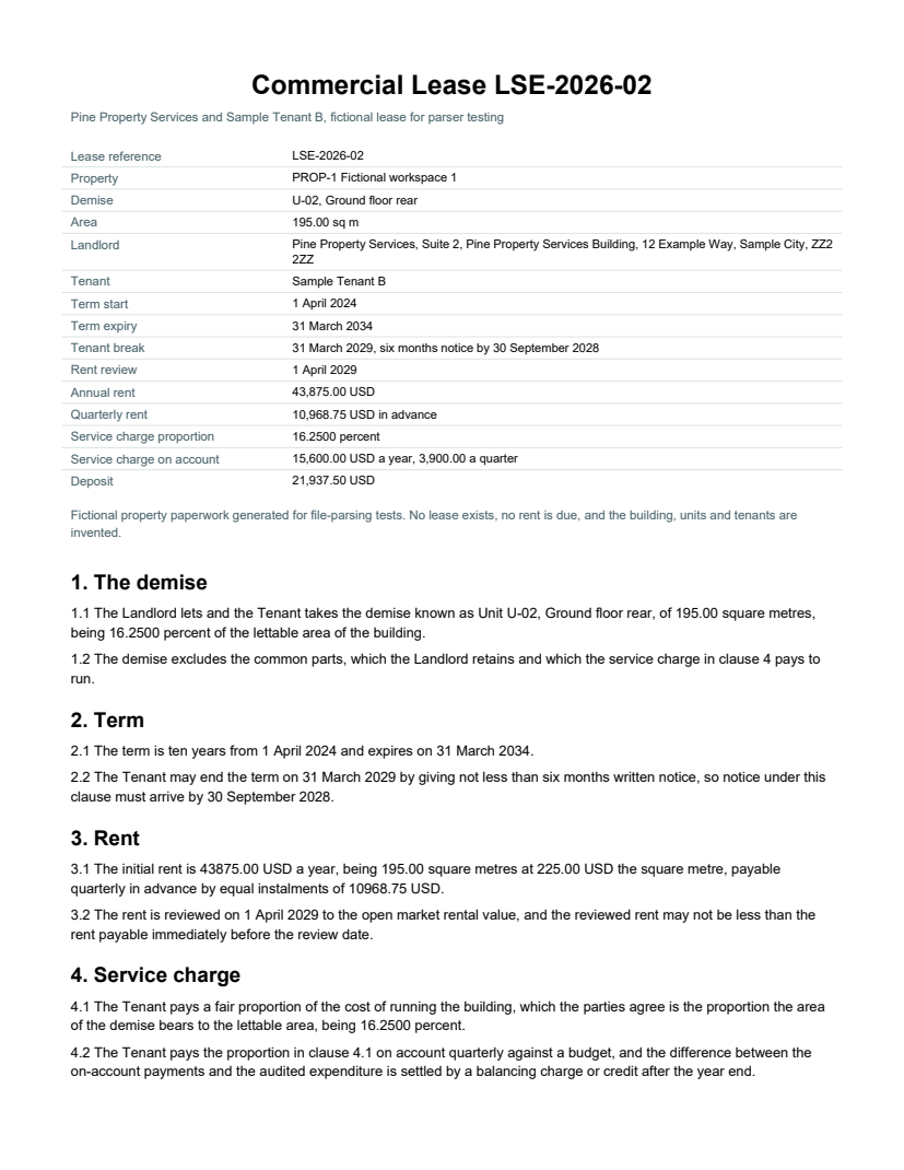 Rendered preview of Pine Property Services: Commercial lease (PDF)
