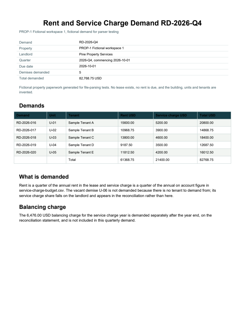 Rendered preview of Pine Property Services: Quarterly rent and service charge demand