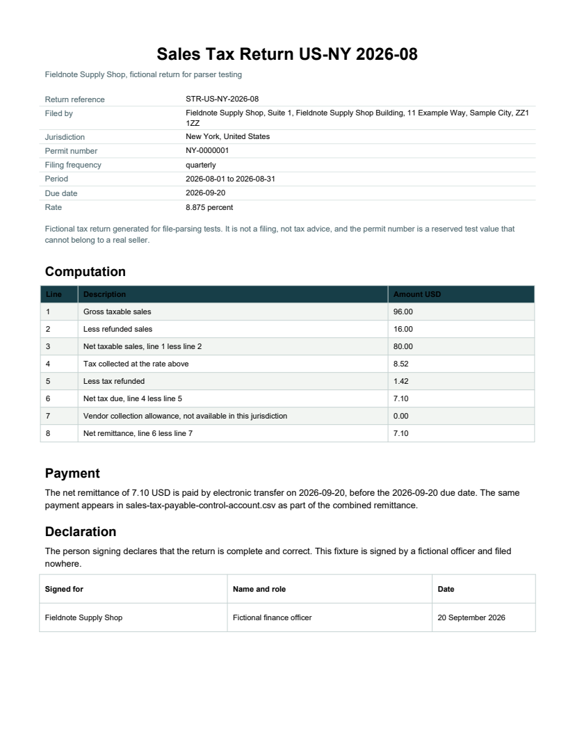 Rendered preview of Fieldnote Supply Shop: Sales tax return for New York