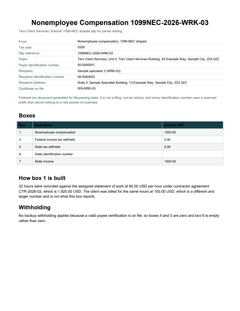 Rendered preview of Fieldnote Supply Shop: Information slip, 1099-NEC shaped, WRK-03