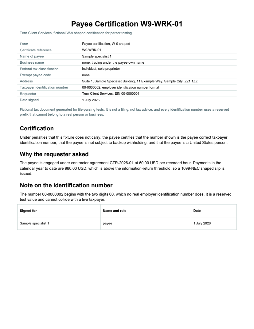 Rendered preview of Tern Client Services: Payee certification, W-9 shaped (PDF)