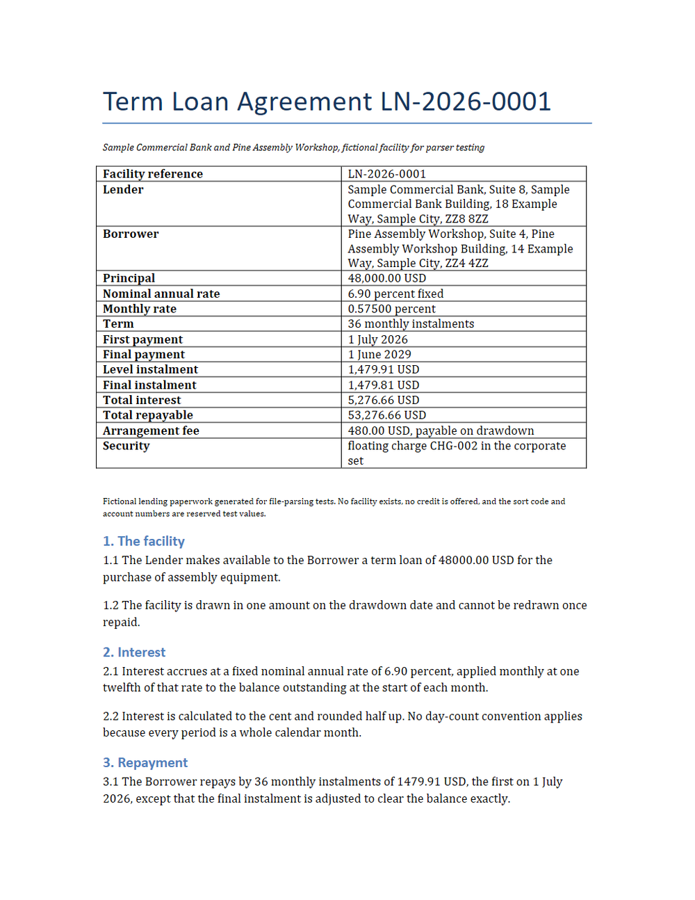Rendered preview of Pine Assembly Workshop: Term loan agreement (DOCX)