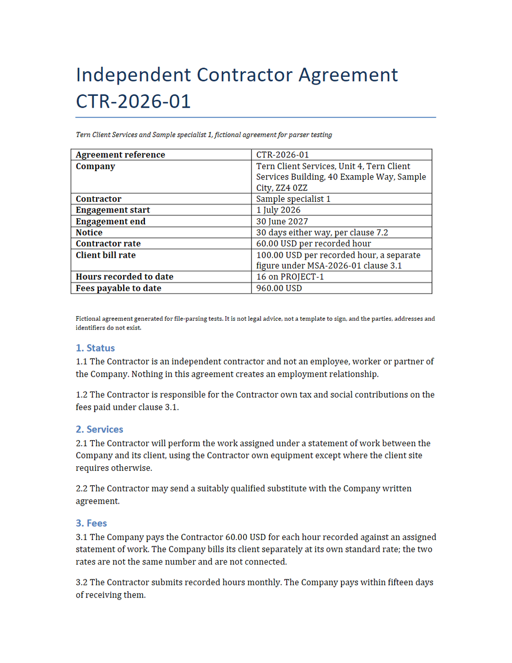 Rendered preview of Tern Client Services: Independent contractor agreement (DOCX)