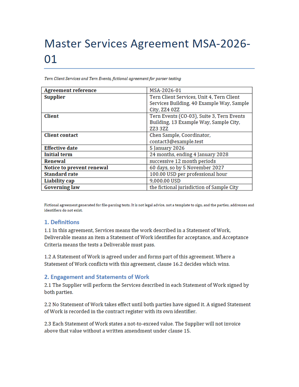 Rendered preview of Tern Client Services: Master services agreement (DOCX)