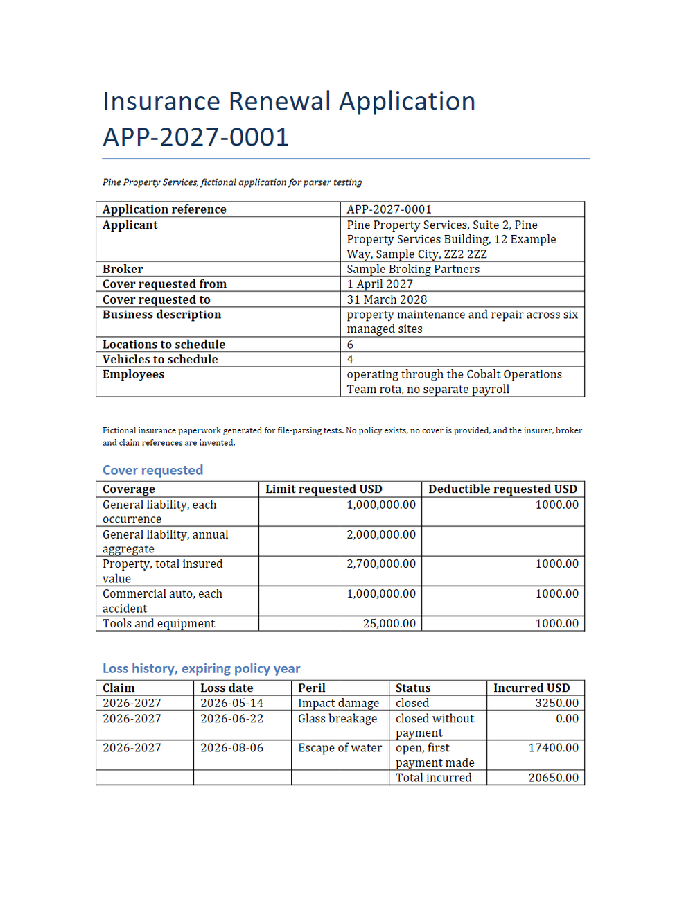 Rendered preview of Pine Property Services: Insurance renewal application (DOCX)
