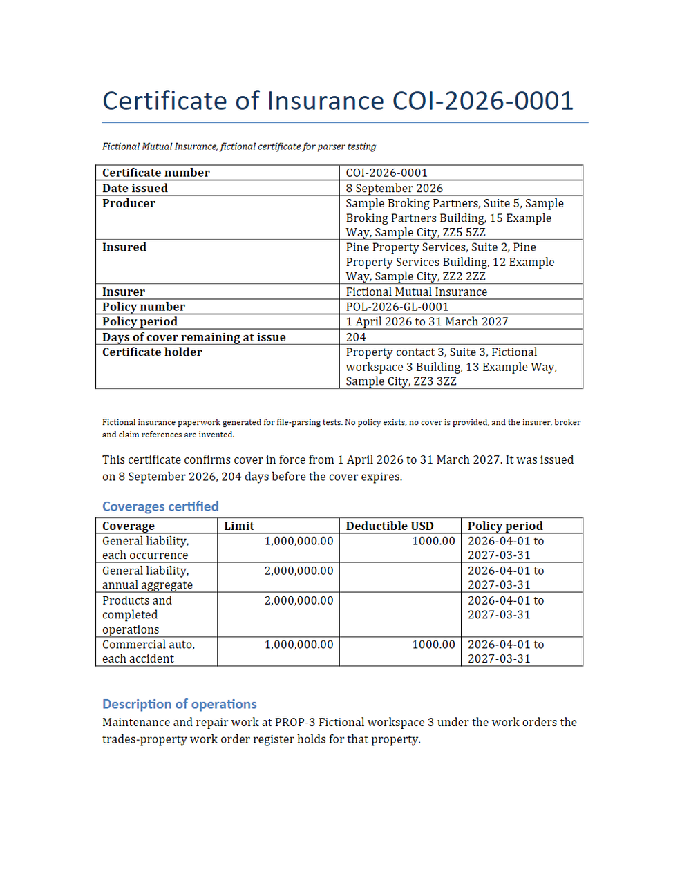 Rendered preview of Pine Property Services: Certificate of insurance (DOCX)