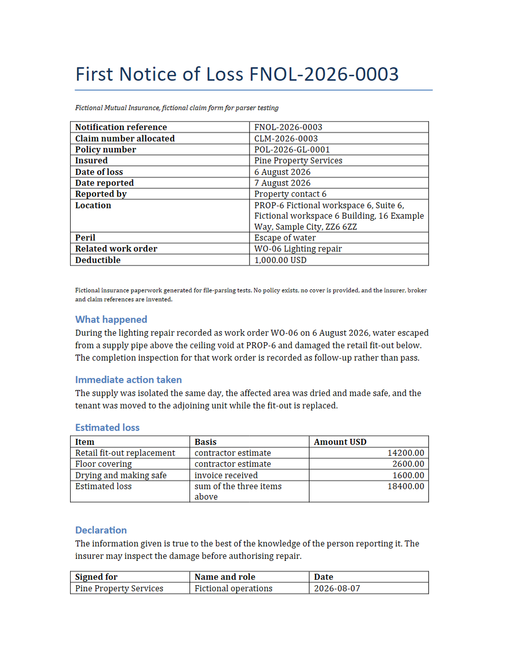 Rendered preview of Pine Property Services: First notice of loss claim form (DOCX)