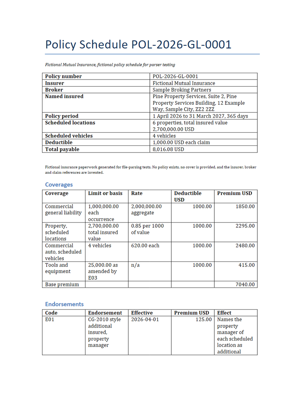 Rendered preview of Pine Property Services: Policy schedule with endorsements (DOCX)