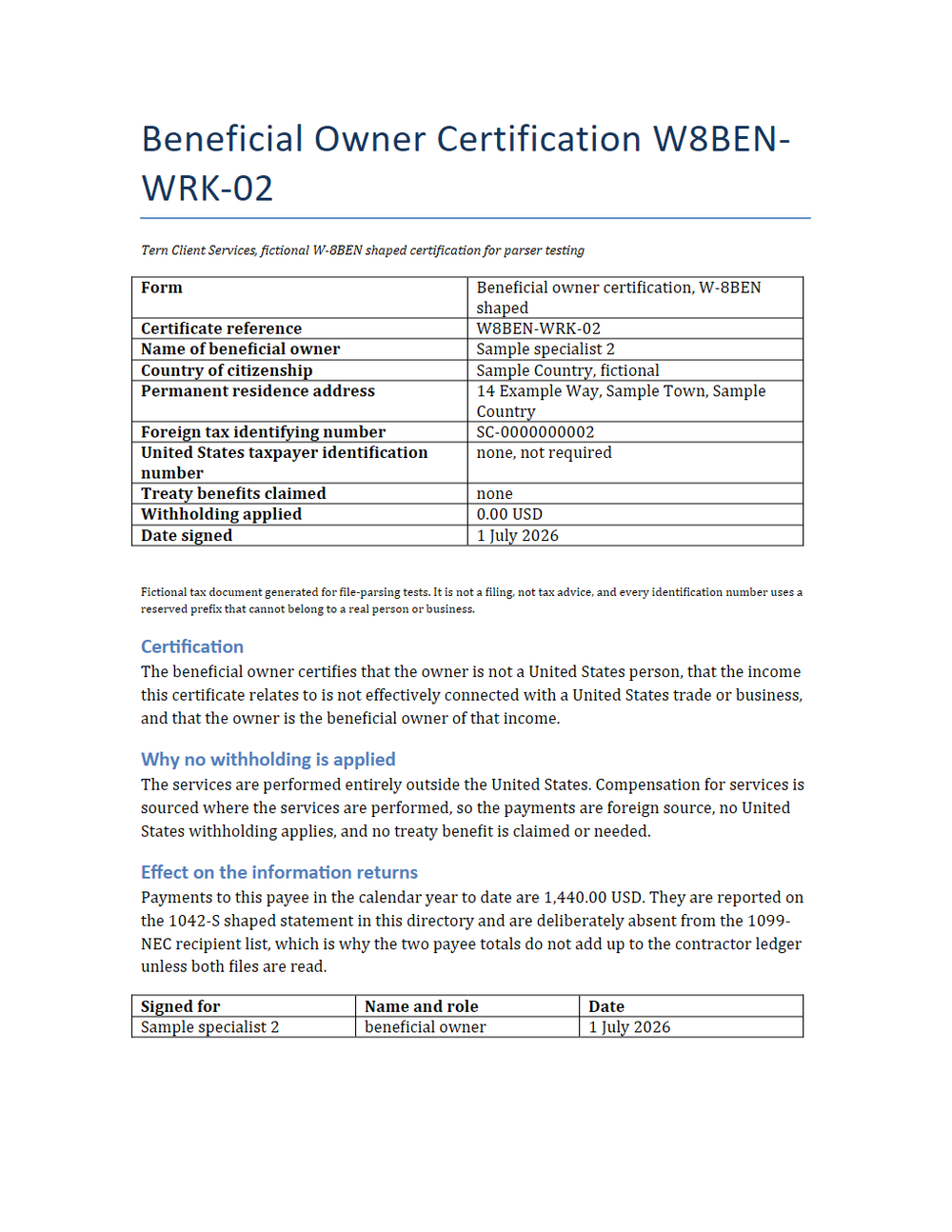 Rendered preview of W-8BEN shaped owner certification (DOCX): Tern Client Services