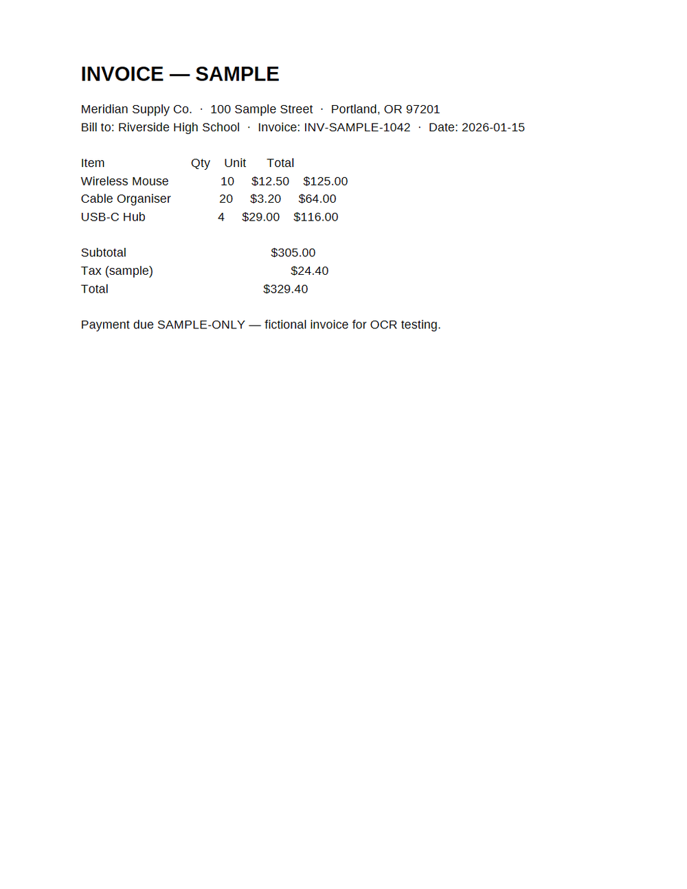 Rendered preview of OCR Domain: Invoice (Searchable PDF)