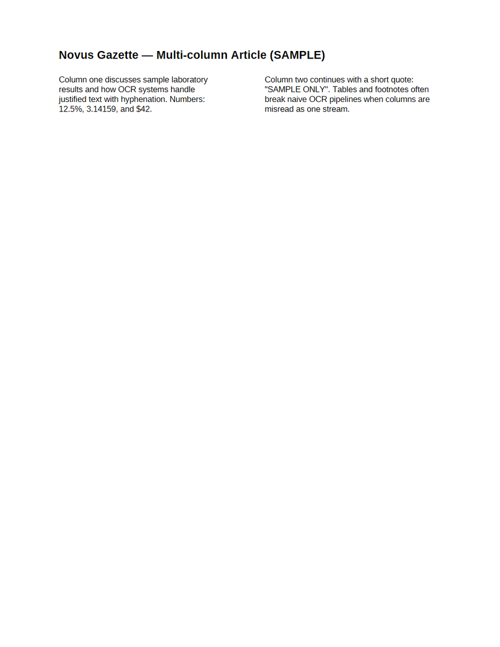 Rendered preview of OCR Domain: Multi-column Article (Searchable PDF)
