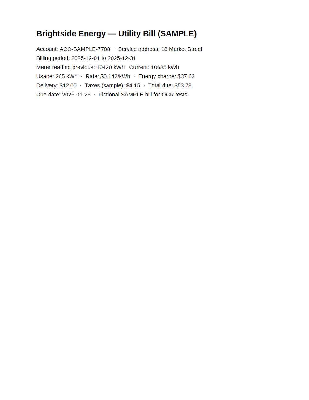 Rendered preview of OCR Domain: Utility Bill (Searchable PDF)