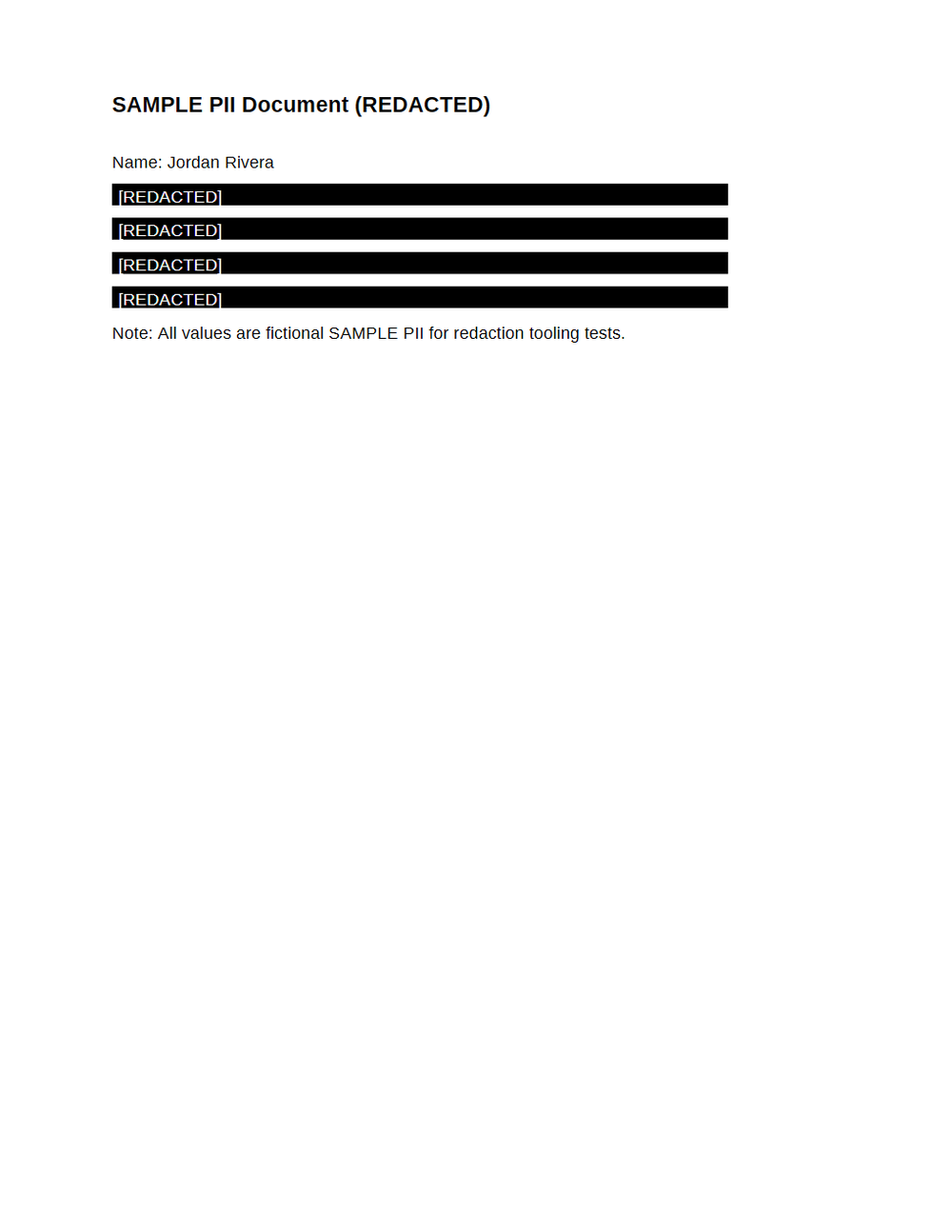 Rendered preview of Redaction: SAMPLE PII Black-box Redacted (PDF)