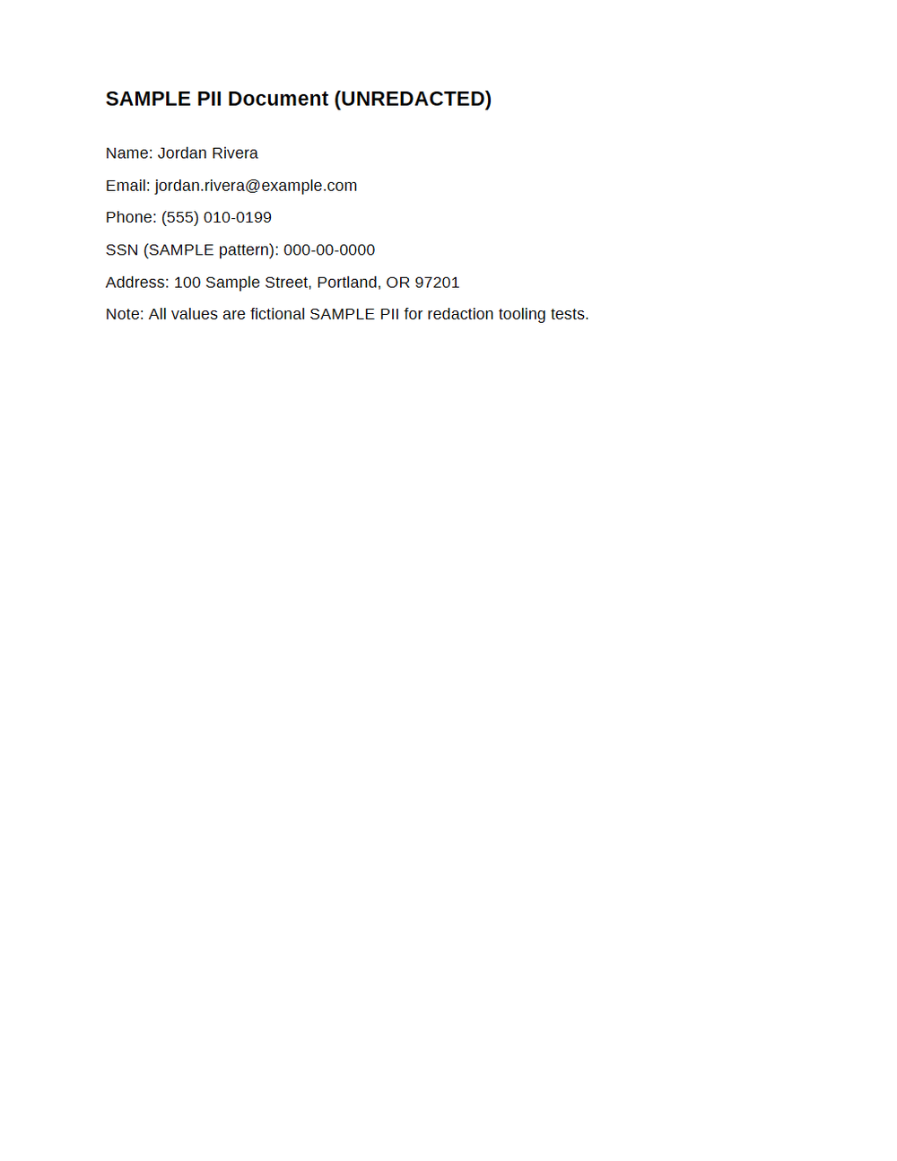 Rendered preview of Redaction: SAMPLE PII Unredacted (PDF)