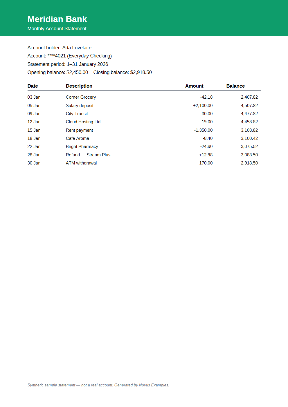 Rendered preview of Bank Statement (PDF)
