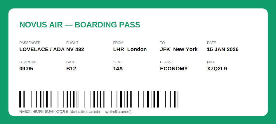 Rendered preview of Airline Boarding Pass (PDF)