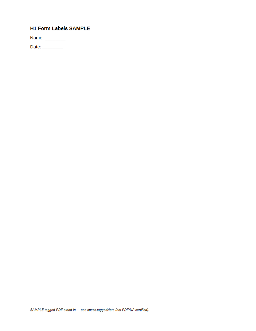 Rendered preview of Tagged PDF SAMPLE: Form Labels