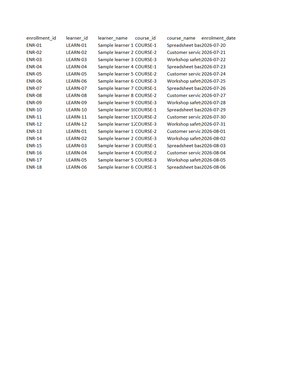 Rendered preview of Fieldnote Learning Centre: Enrolment workbook