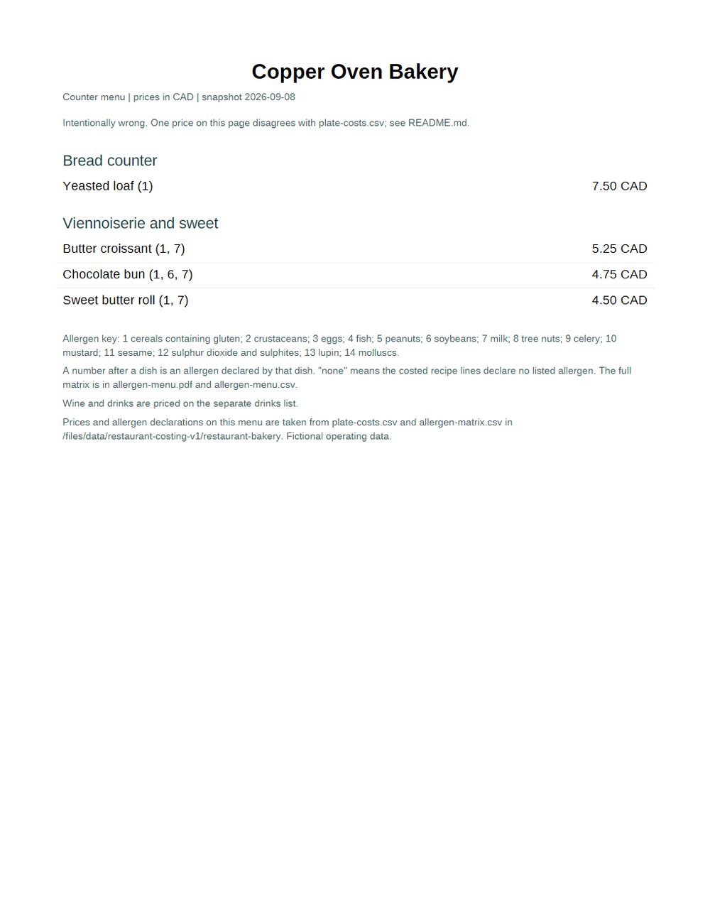 Rendered preview of Copper Oven Bakery: Printed menu with a price the costing denies