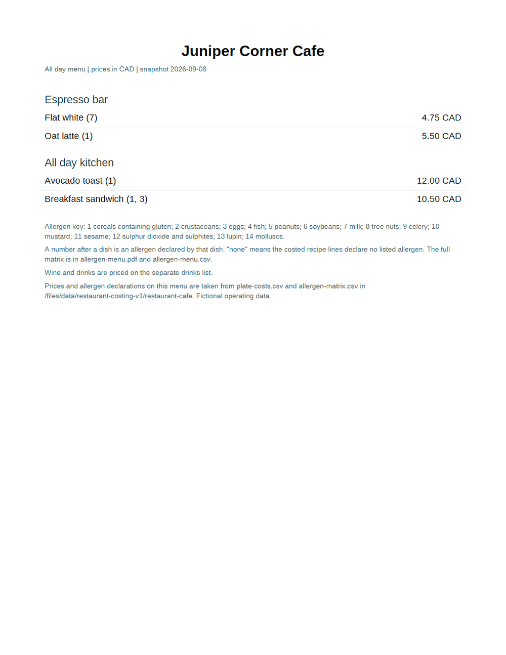 Rendered preview of Juniper Corner Cafe: Printed menu