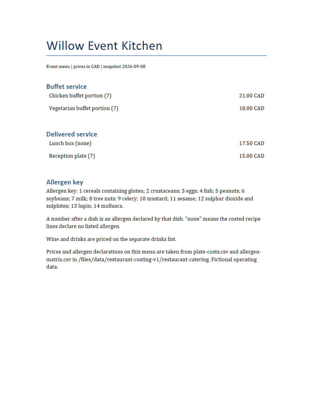 Rendered preview of Willow Event Kitchen: Printed menu as a Word document