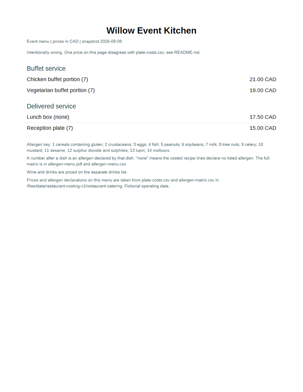 Rendered preview of Willow Event Kitchen: Printed menu with a price the costing denies