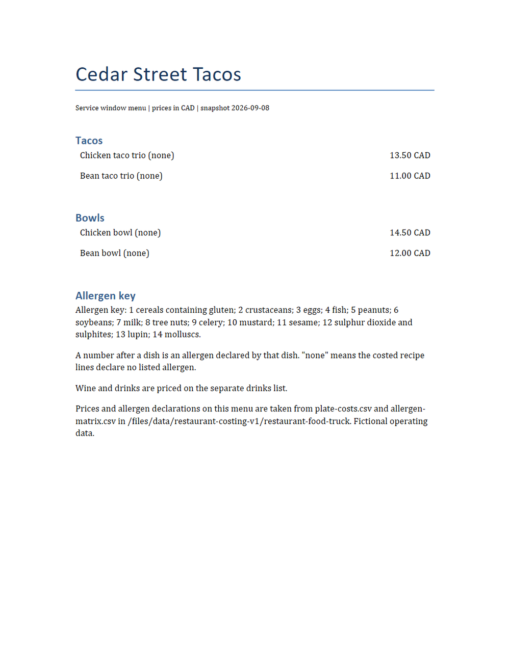 Rendered preview of Cedar Street Tacos: Printed menu as a Word document