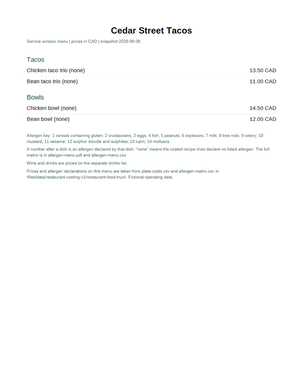 Rendered preview of Cedar Street Tacos: Printed menu