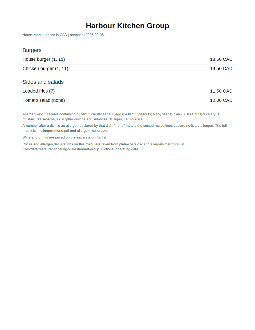 Rendered preview of Harbour Kitchen Group: Printed menu