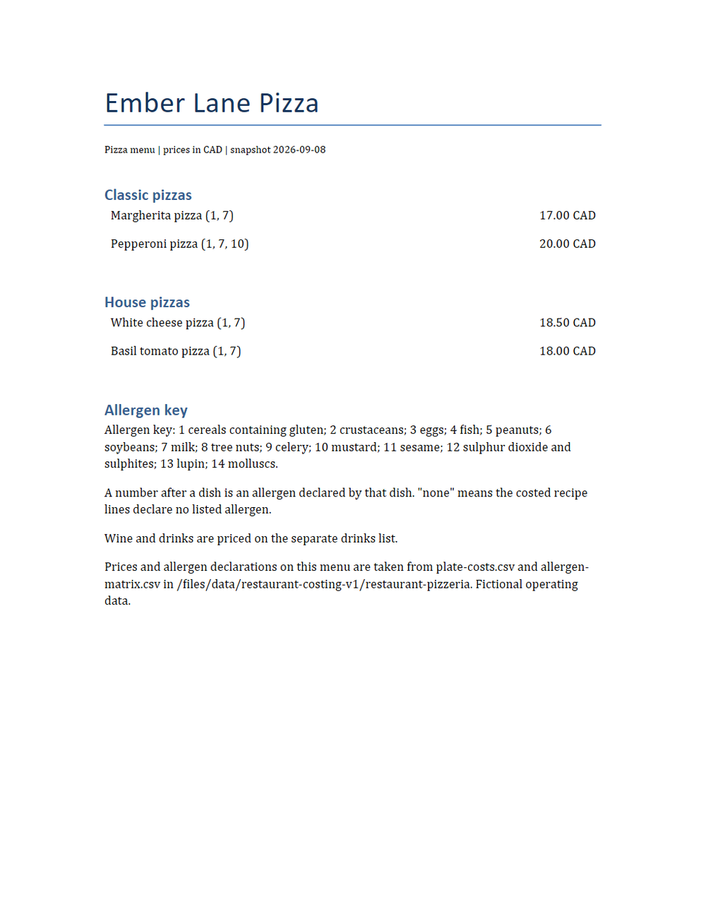 Rendered preview of Ember Lane Pizza: Printed menu as a Word document