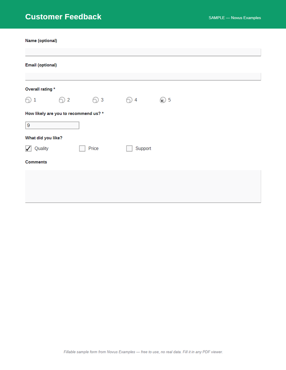 Rendered preview of Customer Feedback (Fillable PDF)