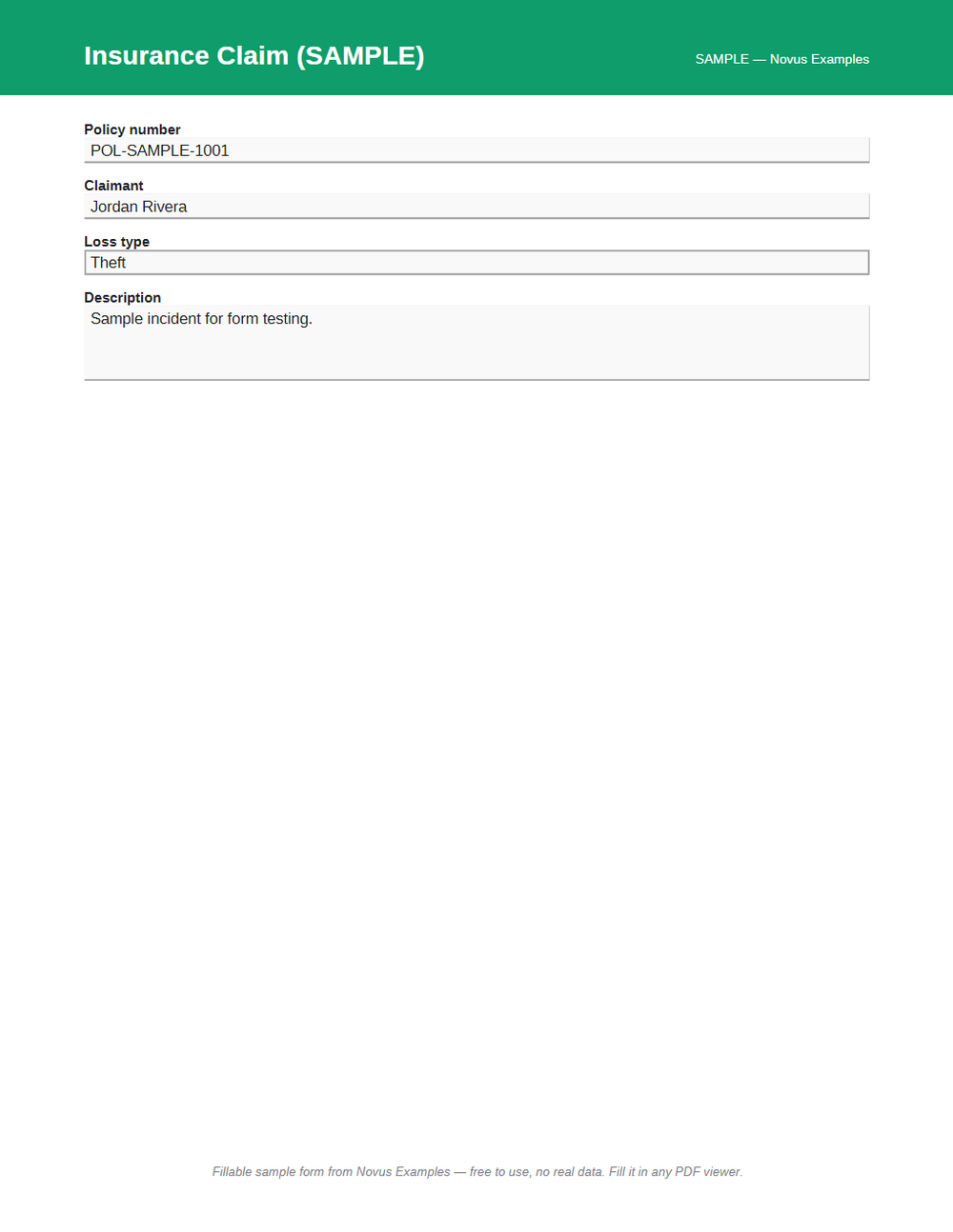 Rendered preview of Insurance Claim AcroForm (SAMPLE)
