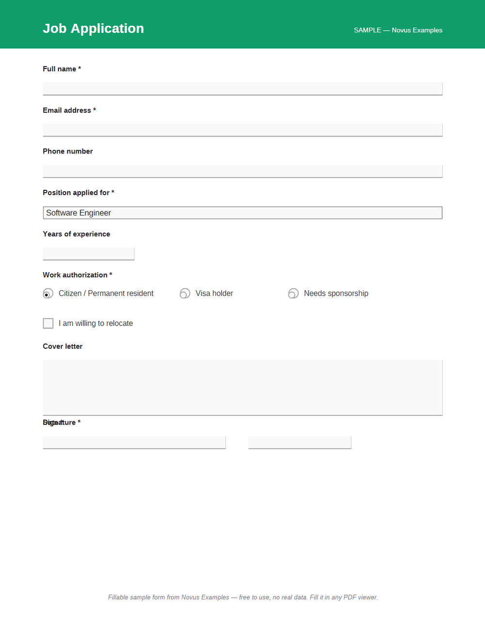Rendered preview of Job Application (Fillable PDF)
