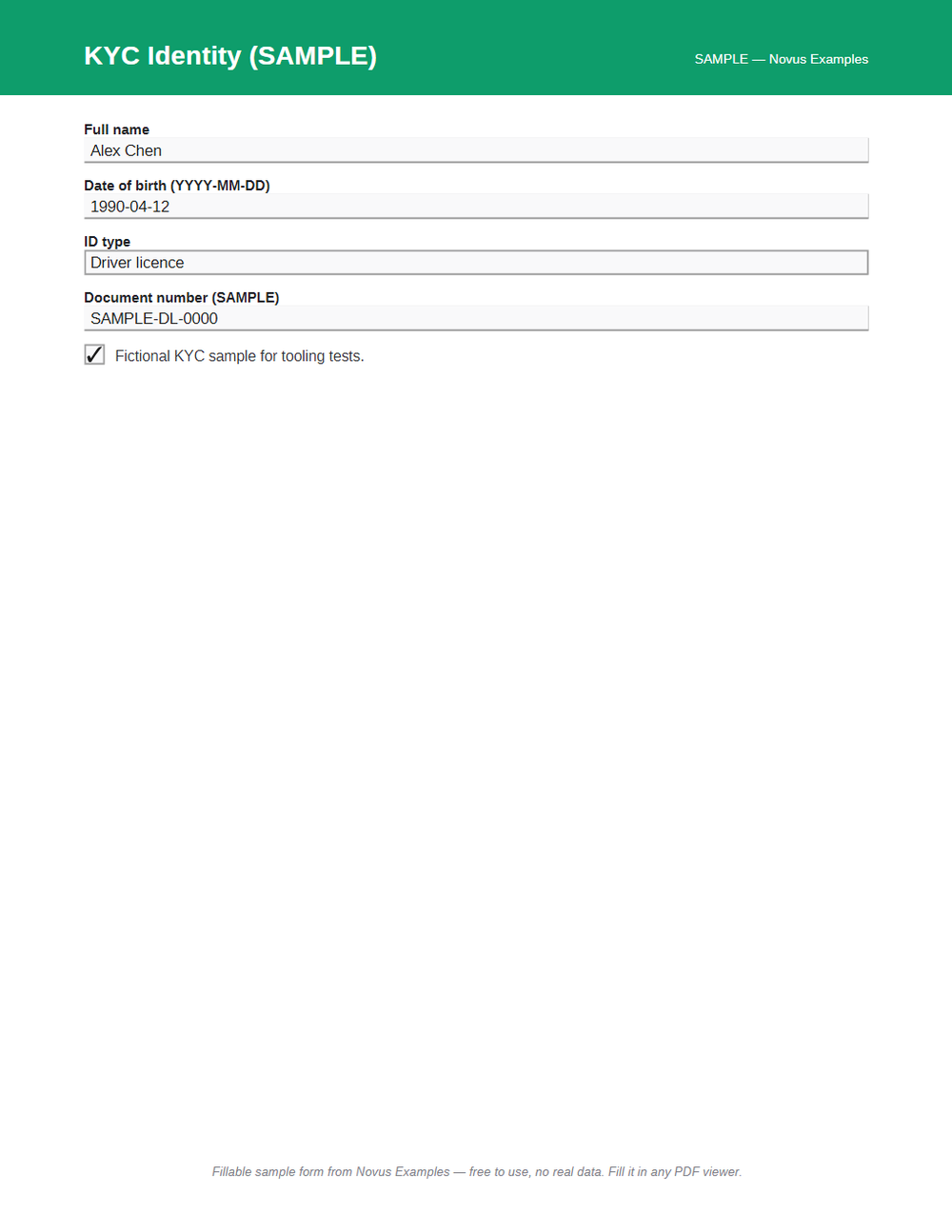 Rendered preview of KYC Identity AcroForm (SAMPLE)