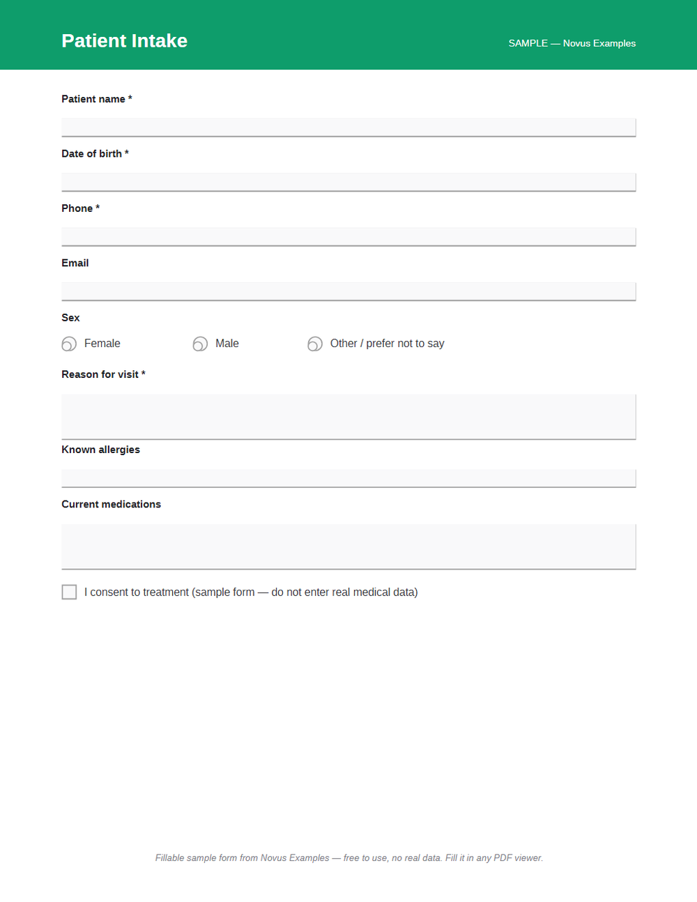 Rendered preview of Medical Intake (Fillable PDF)